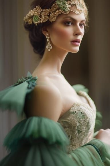 Woman in Green Lace Gown: Fantasy Digital Art