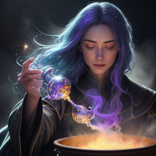 Medieval Alchemist Captivated by Glowing Potion