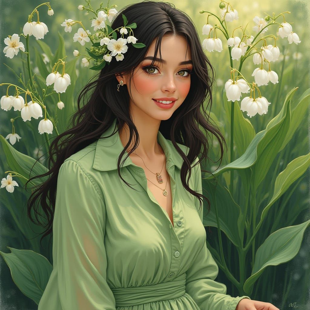 Elegant European Woman Surrounded by Lily of the Valley in a...