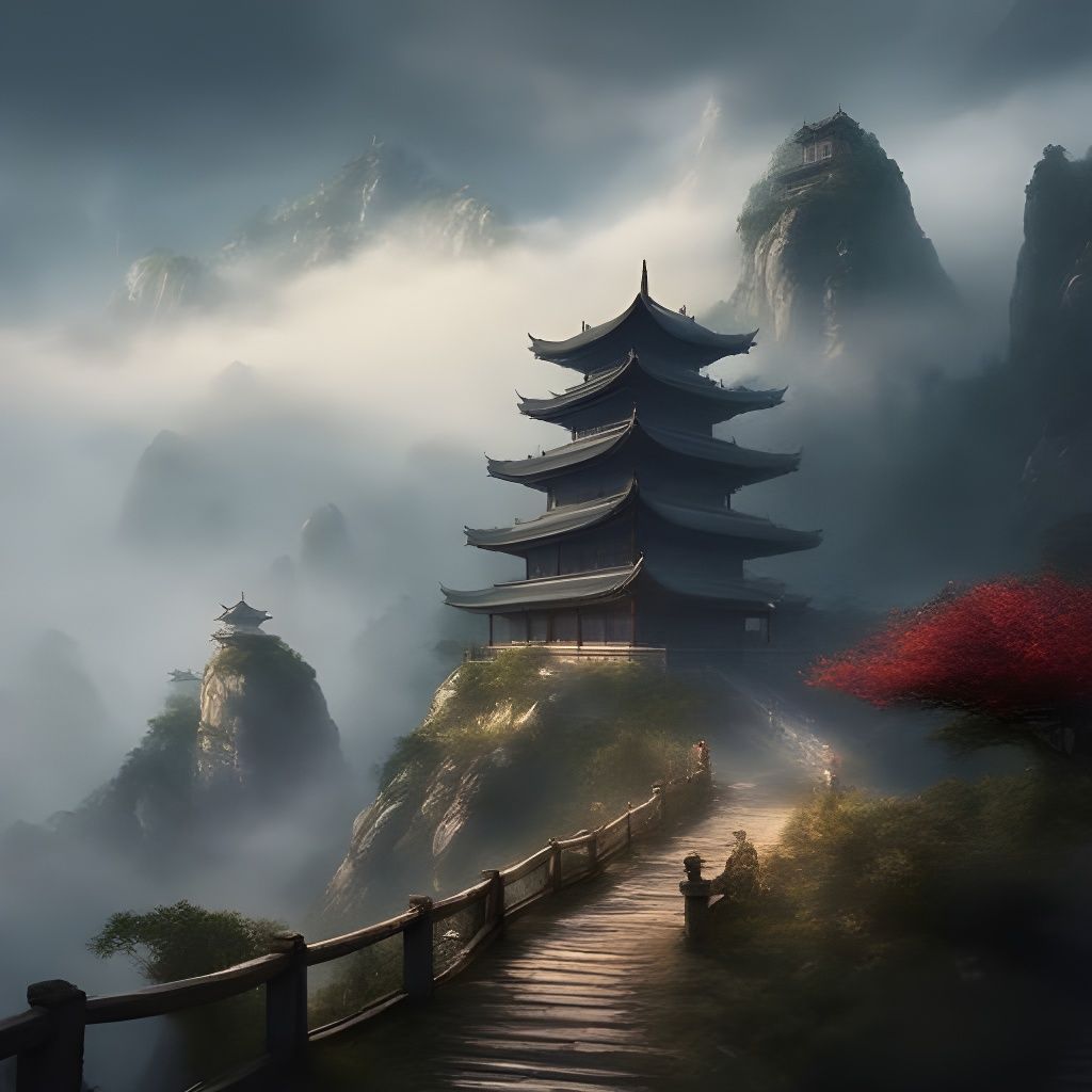 Mystical Mountain Pagoda in Detailed Digital Painting