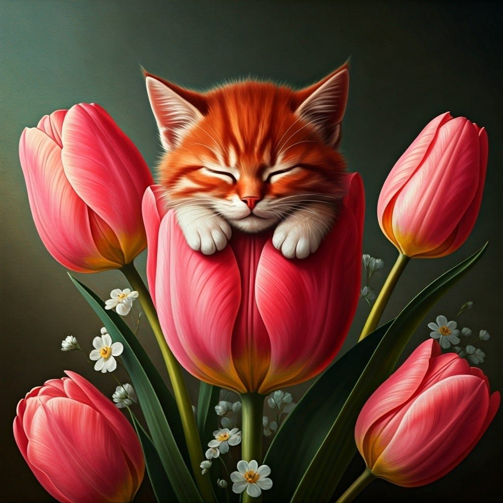 Surreal Oil Painting of Kitten in Pink Tulip Scene