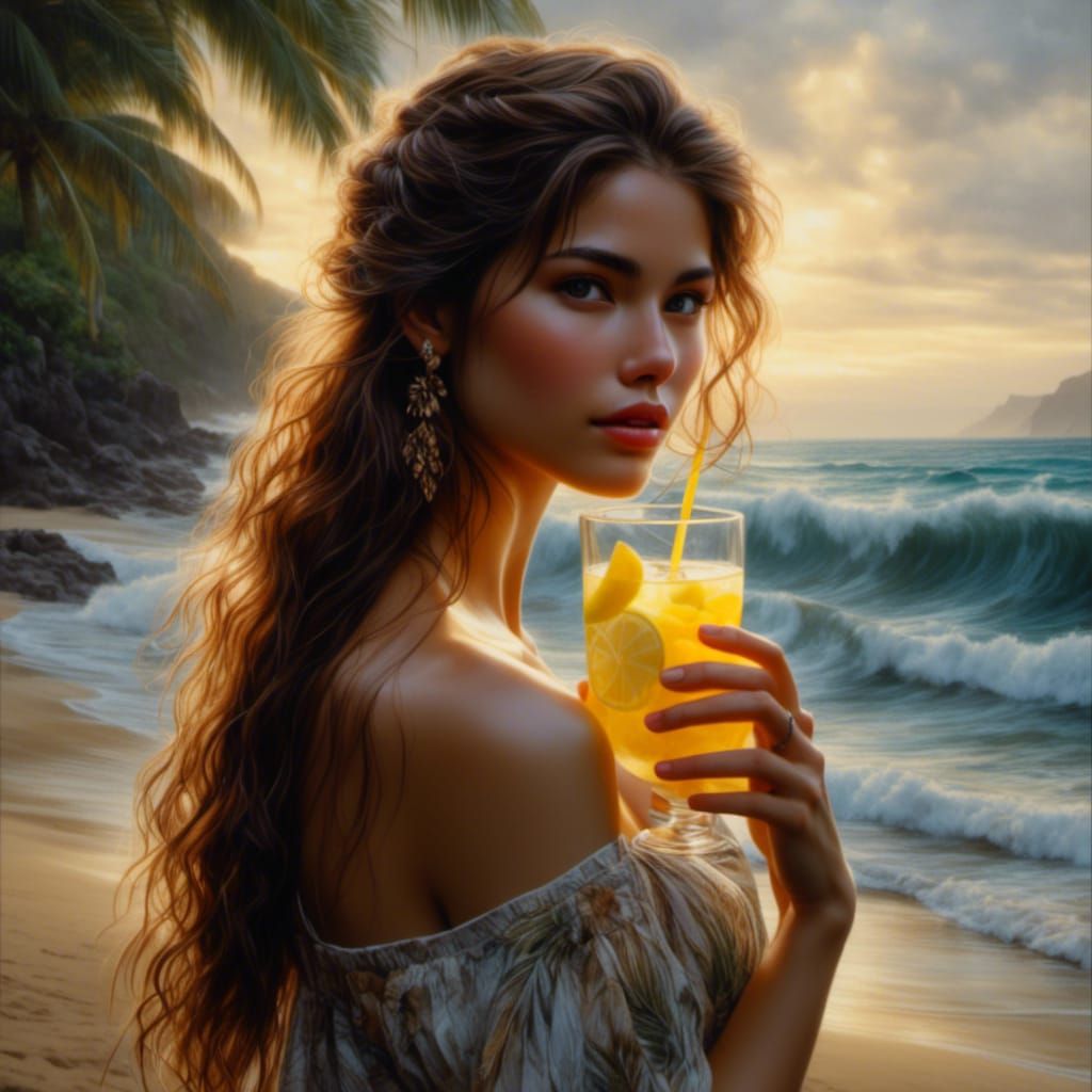 Hawaiian Beauty Drinks Lemonade: A Photorealistic Portrait