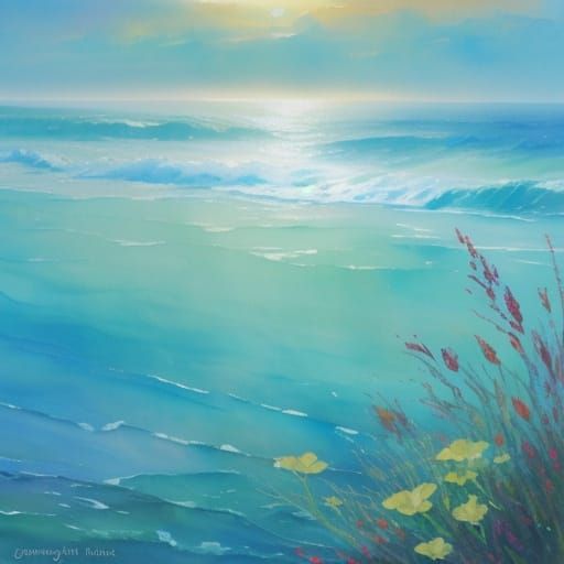 Flower Grows From Sea in Golden Hour Watercolor Style