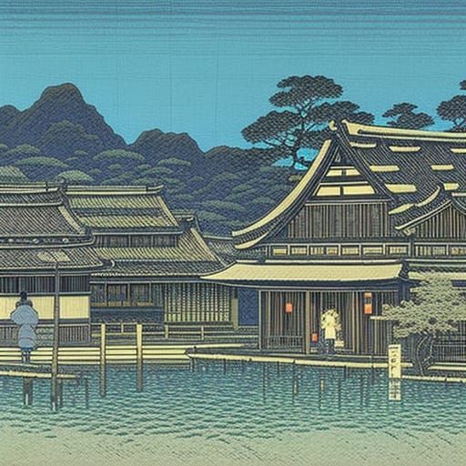Serene Village Landscape in Shin-hanga Style