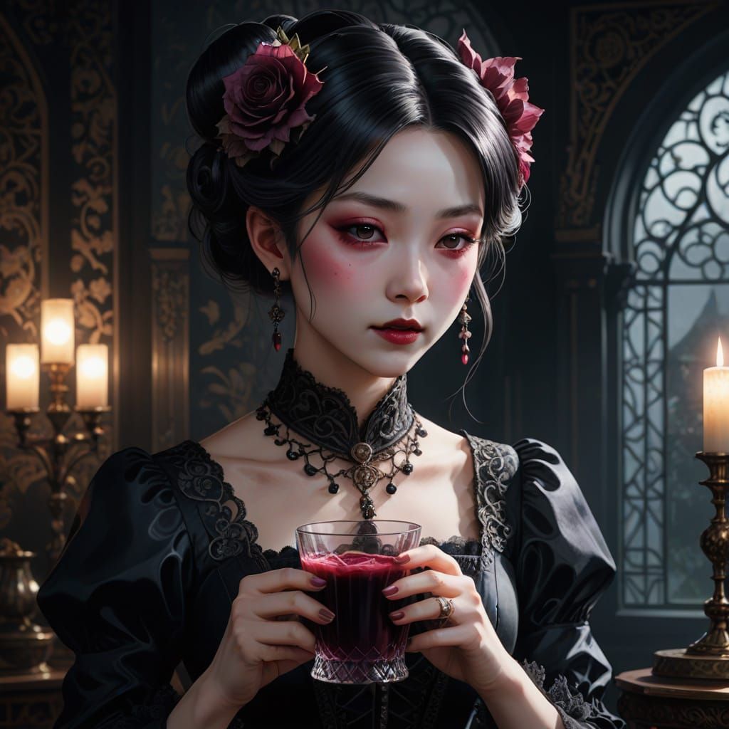 Anime Vampire Sipping Beetroot Juice in Victorian Dress