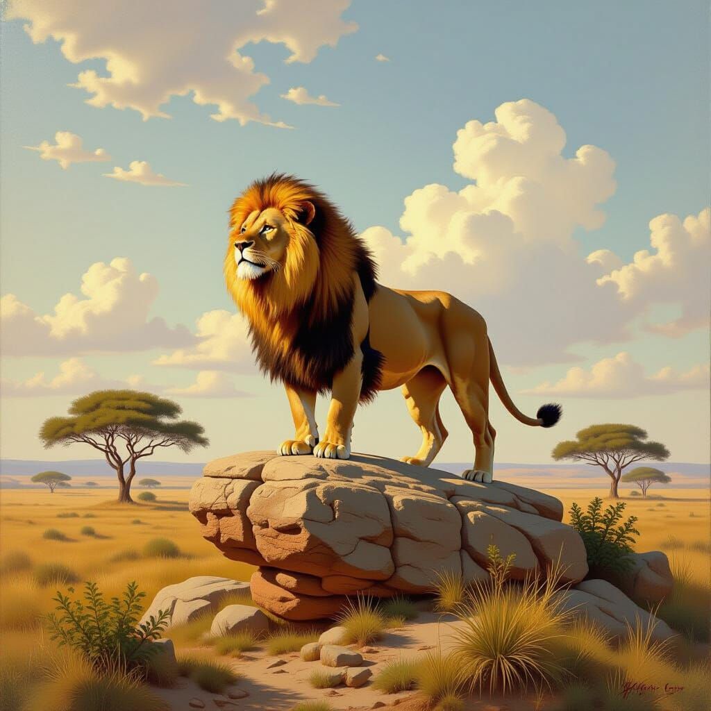 Lion on Rocky Outcrop in Oil Painting Style
