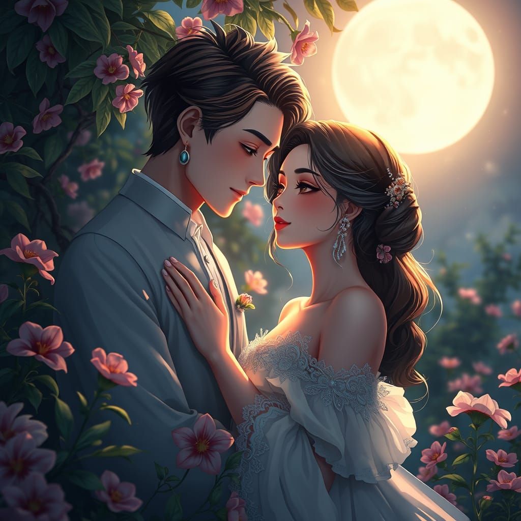 Elegant Moonlit Garden Scene in Anime Style
