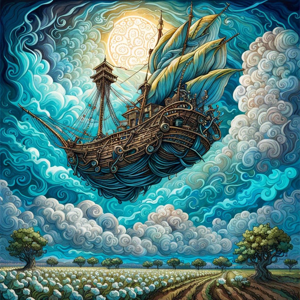 Flying Dutchman Sails Over Cotton Field in Gouache