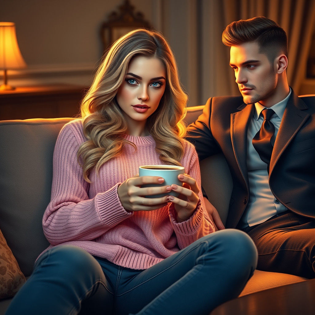 Woman with Blonde Hair in Cozy Living Room