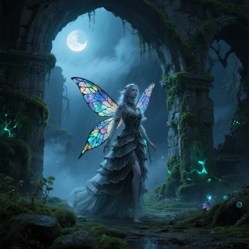 Ethereal Fairy in Gothic Attire Among Ancient Ruins