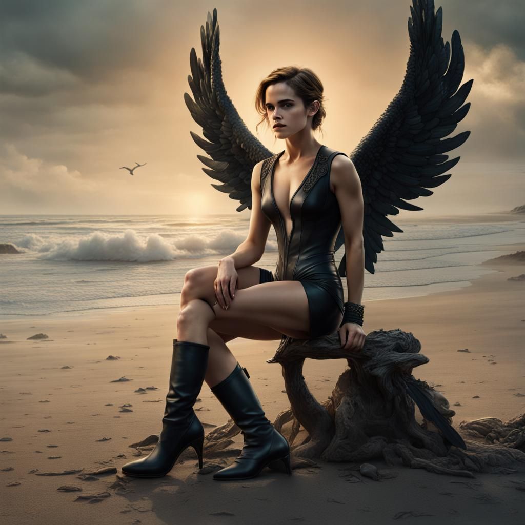 Emma Watson on Beach with Harpies: Detailed Matte Painting