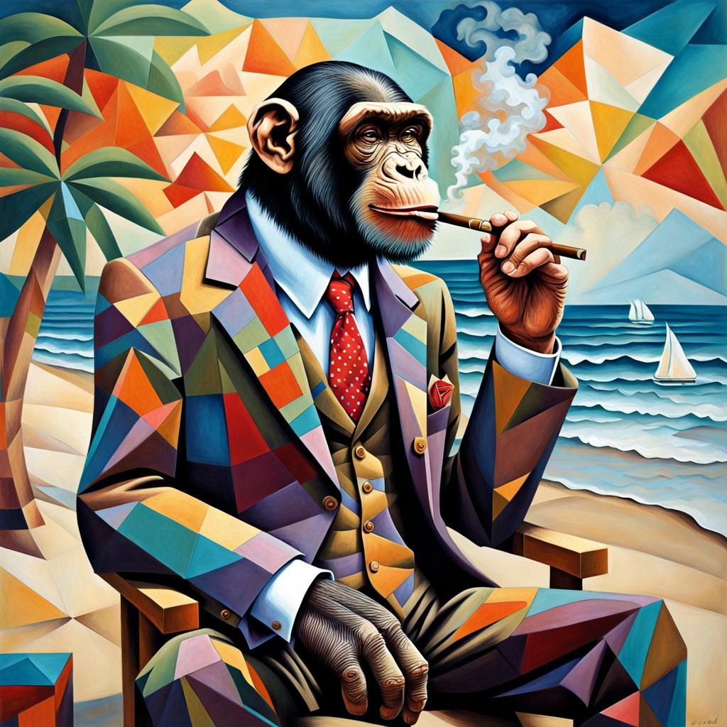 Surreal Cubist Dreamscape, suited chimpanzee, beach, smoking...