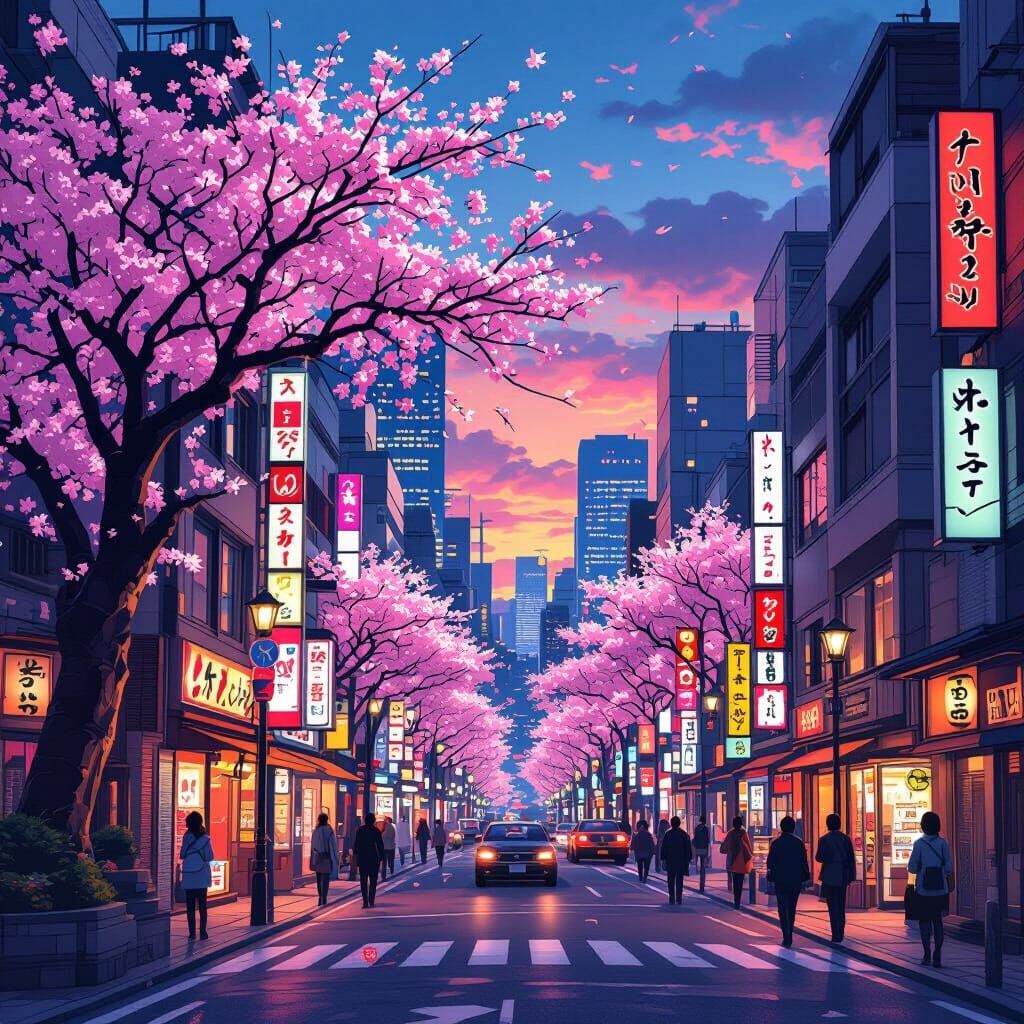 Tokyo Cityscape with Cherry Blossoms in Anime Style