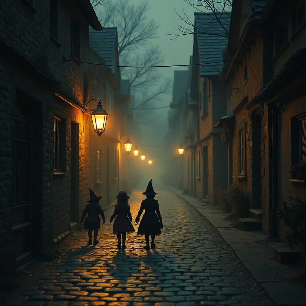 Eerie Lanternlit Street with Vintage Costumed Children