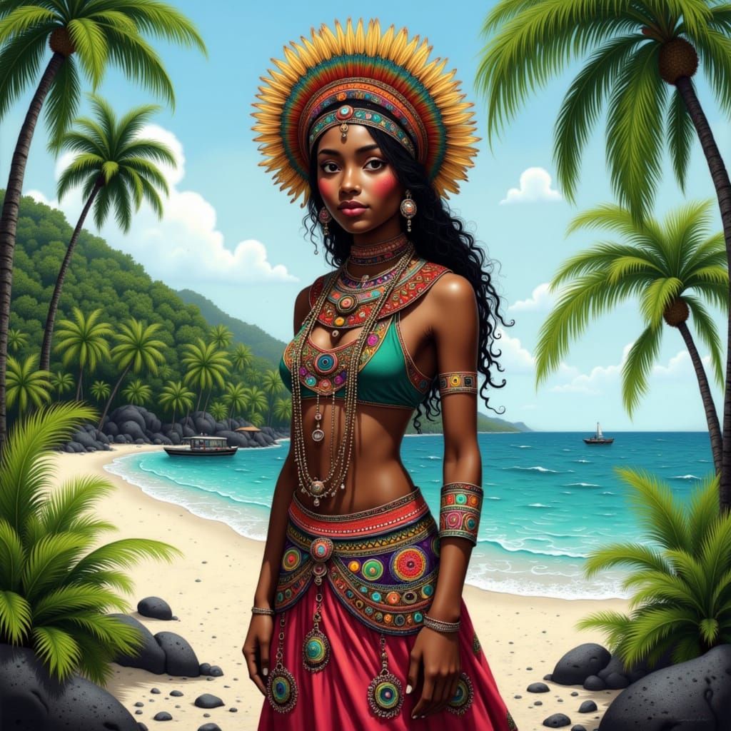 Garifuna Woman on Beach in Vibrant Style