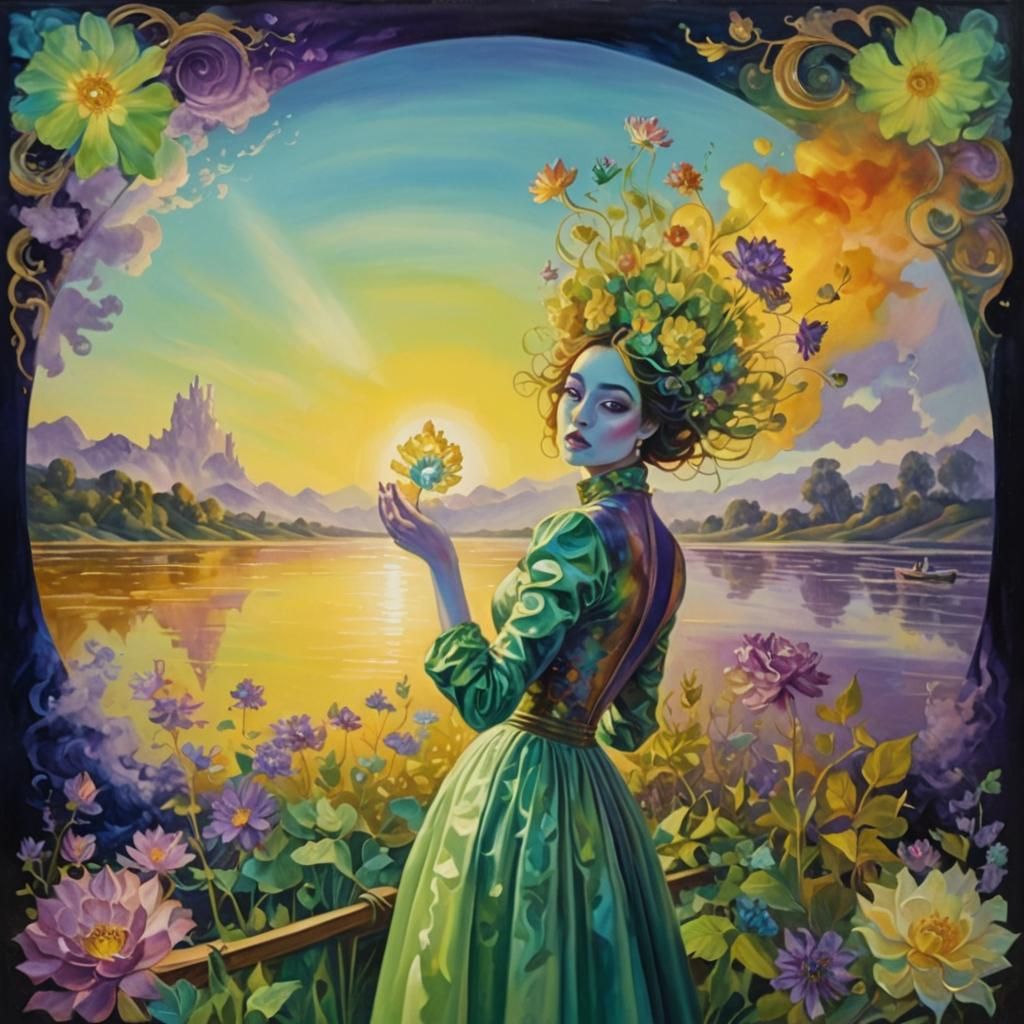 Girl with Kaleidoscope Eyes in Surreal River Scene