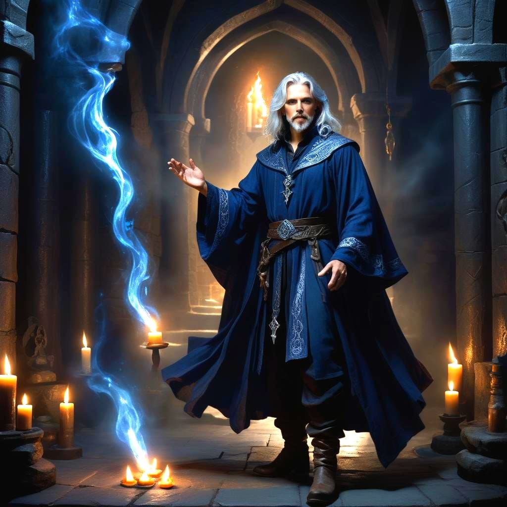 Handsome Wizard Casting Spell in Dungeon