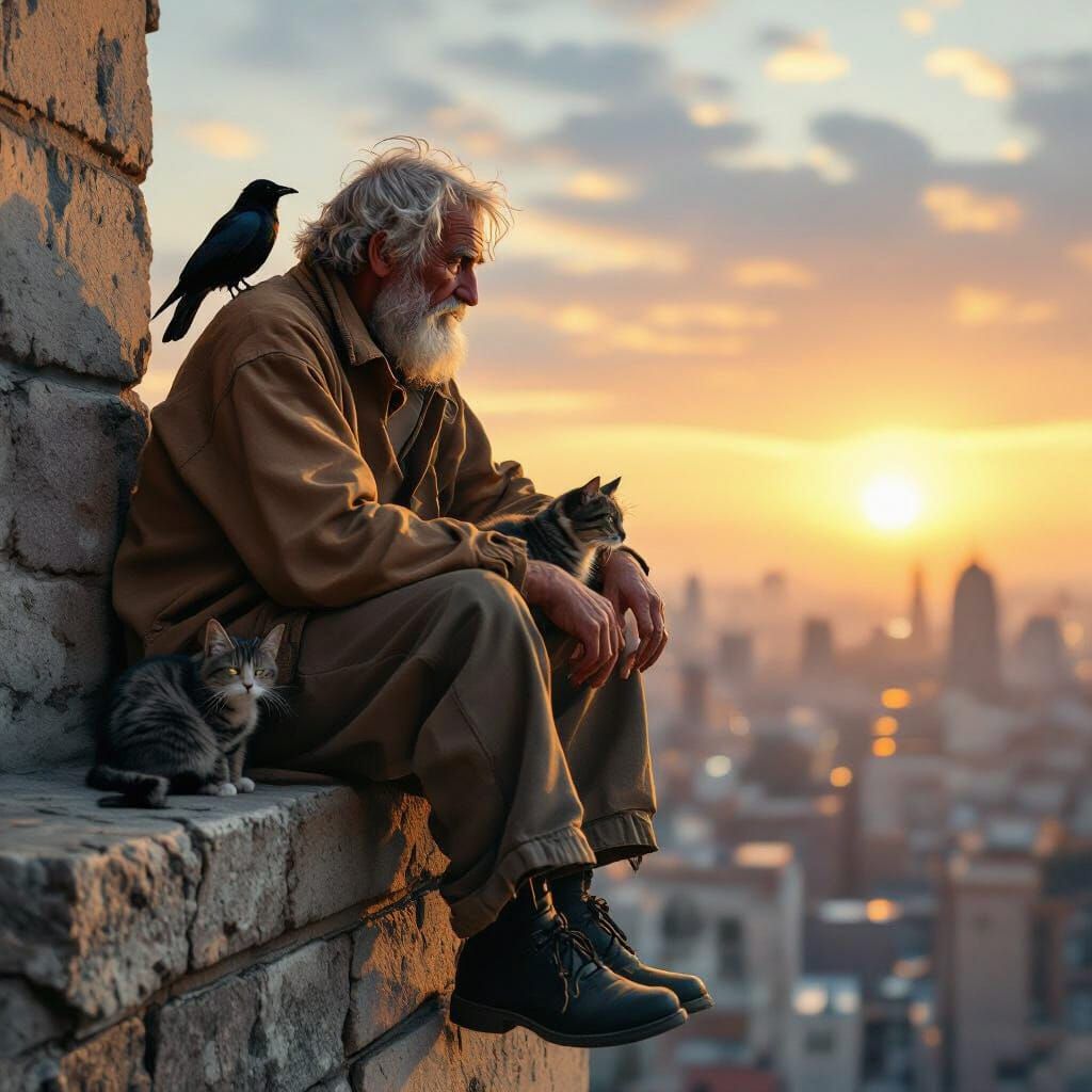 Elderly Man with Cat and Crow Overlooking Cityscape
