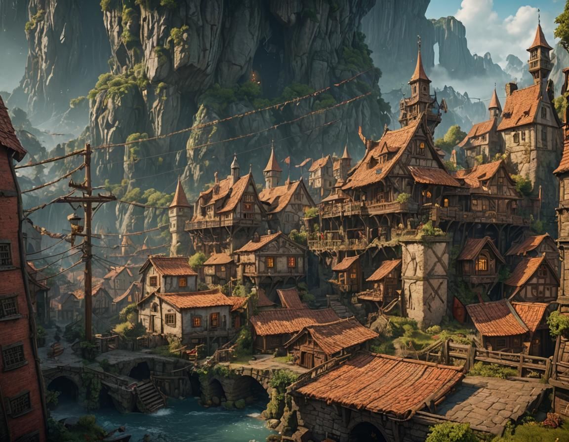 Fantastical Little Town in Detailed Matte Painting