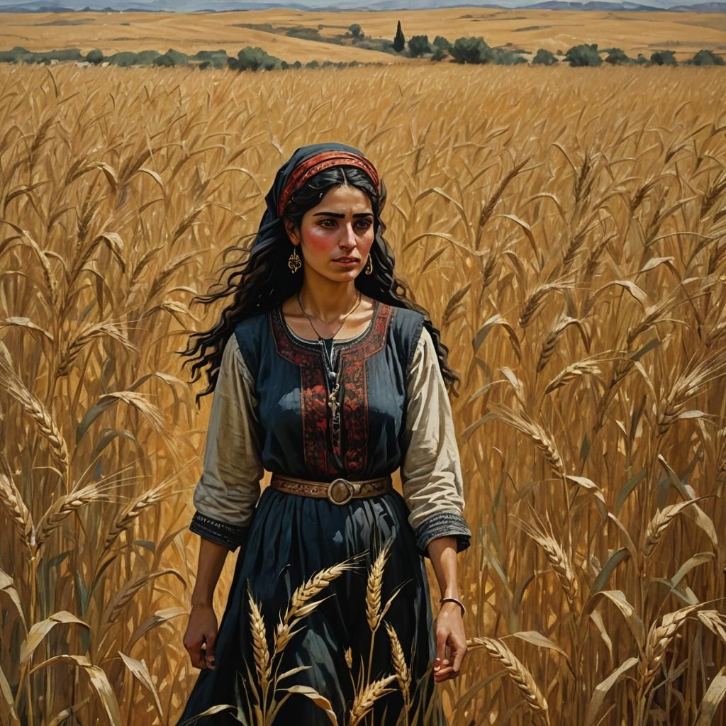 Palestinian Woman in Wheat Field: Impasto Gouache Painting