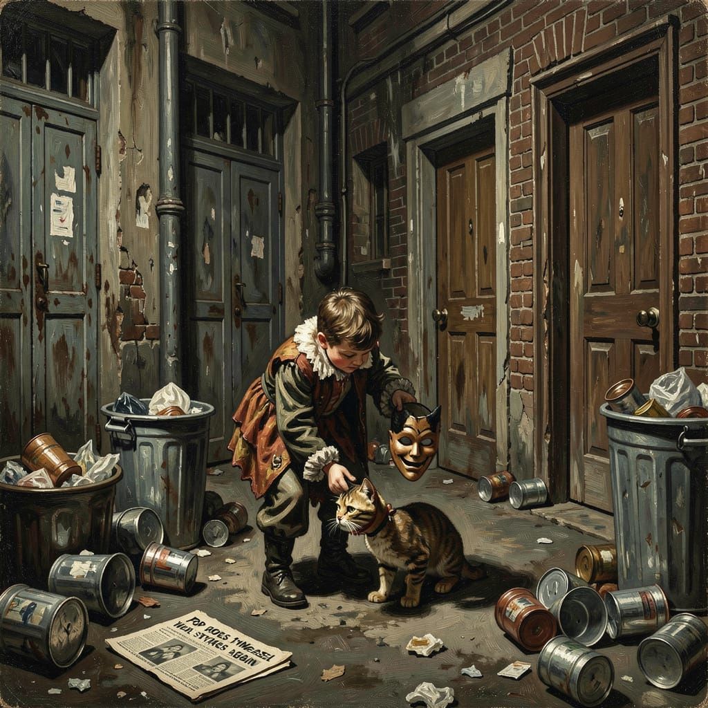 1950s Alleyway Scene: Boy and Cat in Dramatic Light