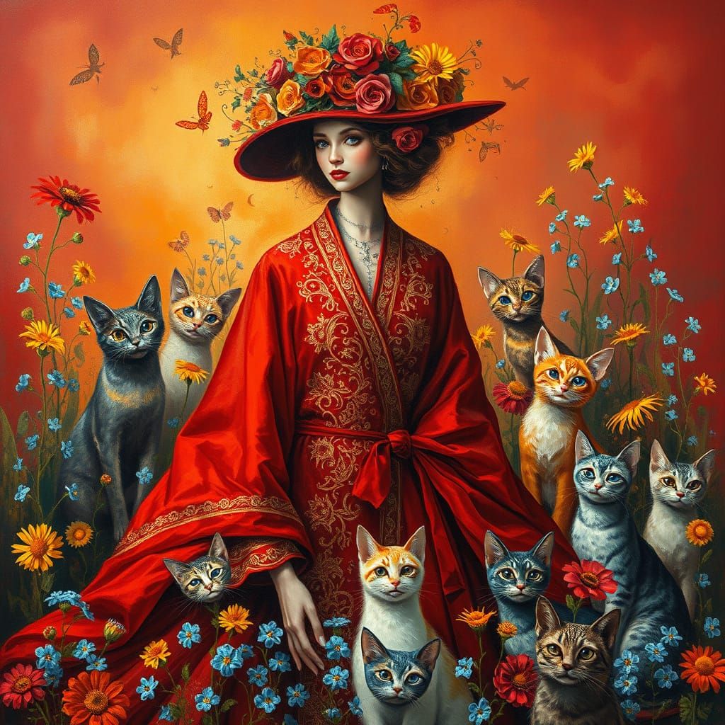 Dreamlike Femme Surrounded by Whimsical Cats in a Vibrant Ga...