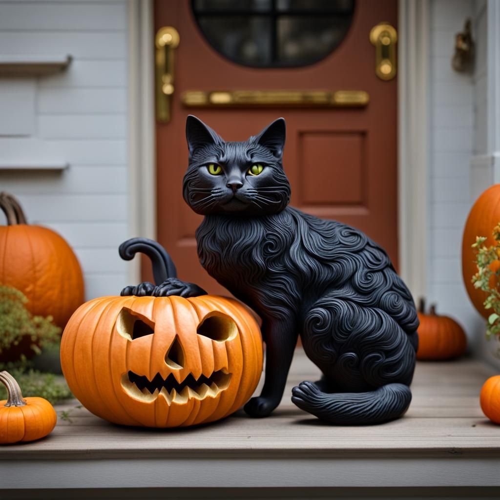 Hyperrealistic Witch Cat Carved in Pumpkin