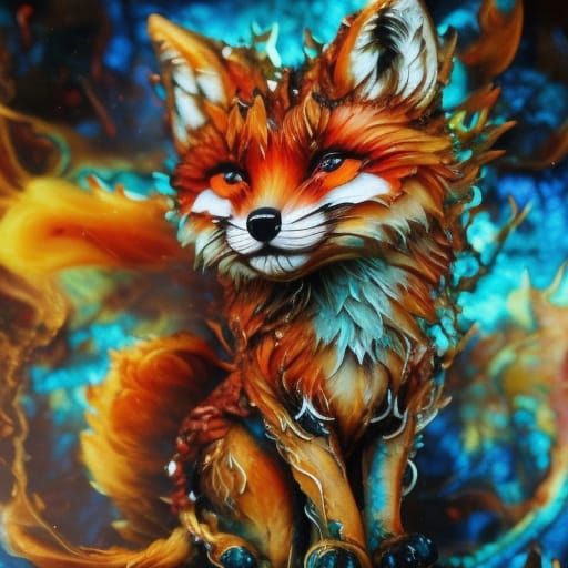Fiery Chibi Fox Inkblot Art in Oil Painting Style