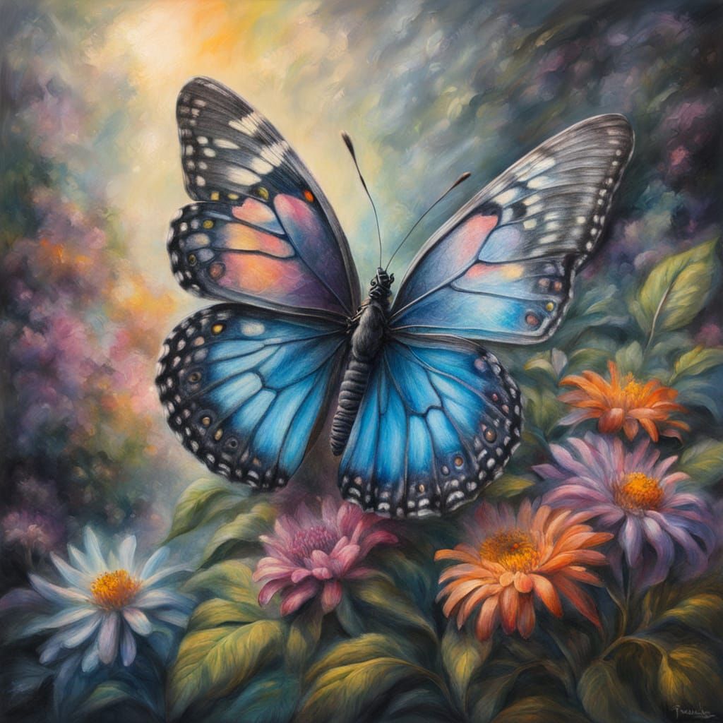 Ethereal Butterfly in Misty Landscape, Impasto Gouache Style