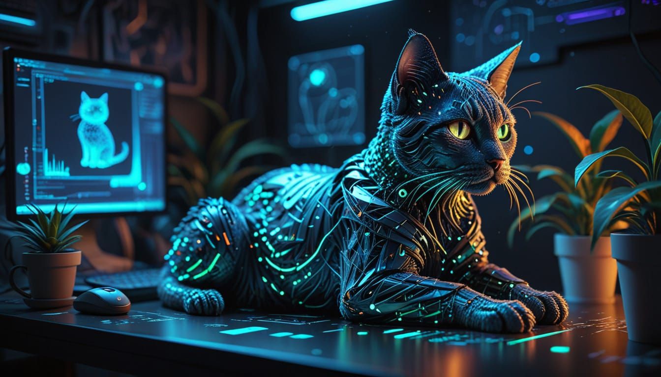Cyberpunk Cat Made of Code on a Neon Desk