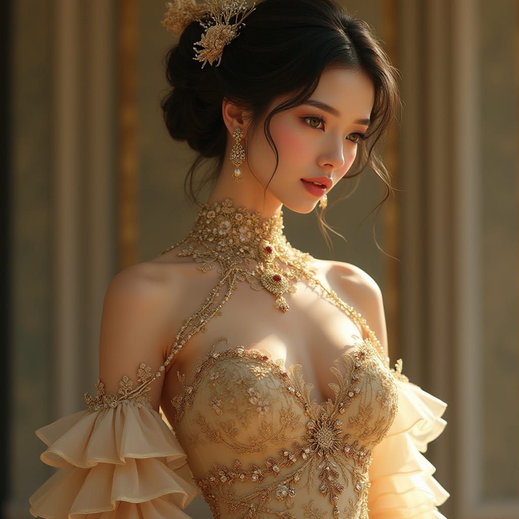 Elegant Asian Woman in Art Nouveau Style Gown