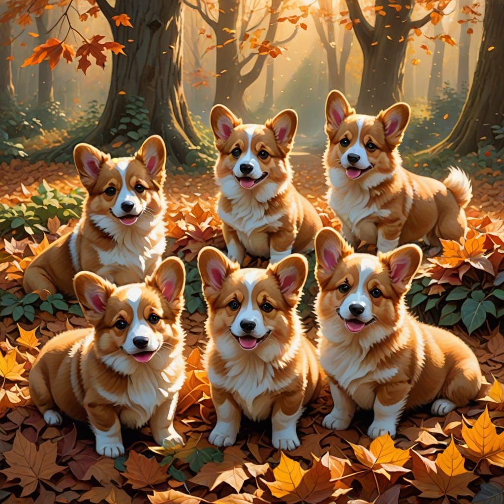 Adorable Corgi Puppies in Enchanted Autumn Forest