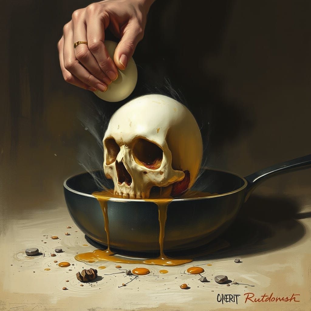 Egg Cracks Skull in Frying Pan by Greg Rutkowski Style