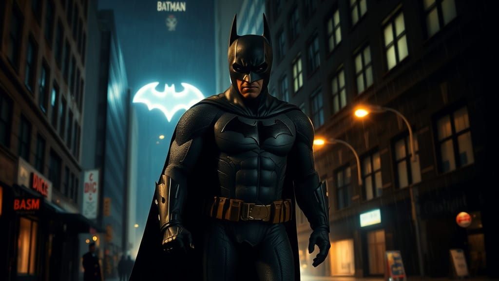 Gritty Batman Hero in Rainy Gotham City Cinematic Film Still