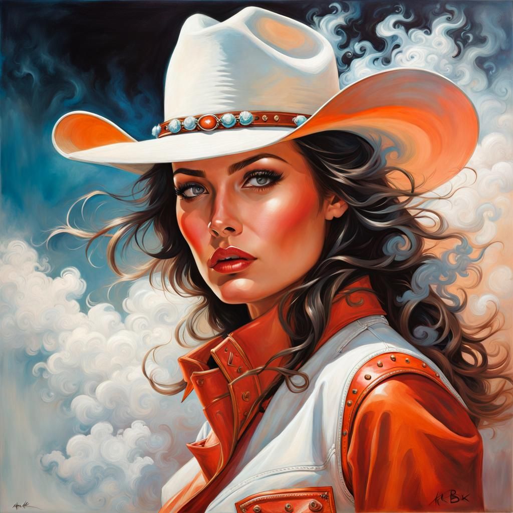 Female Cowgirl in Smoke: Hyperrealistic Oil Painting