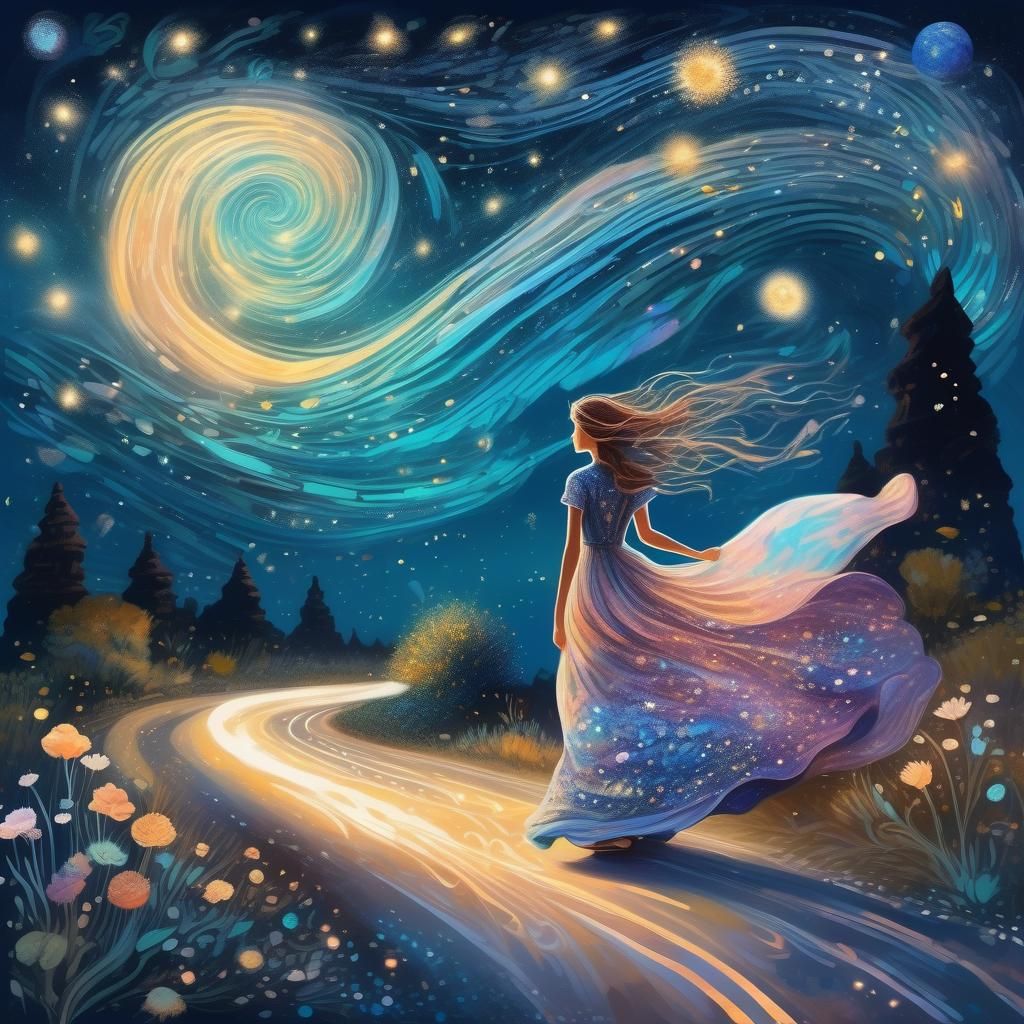 Wanderer on Dream Road in Bioluminescent Night