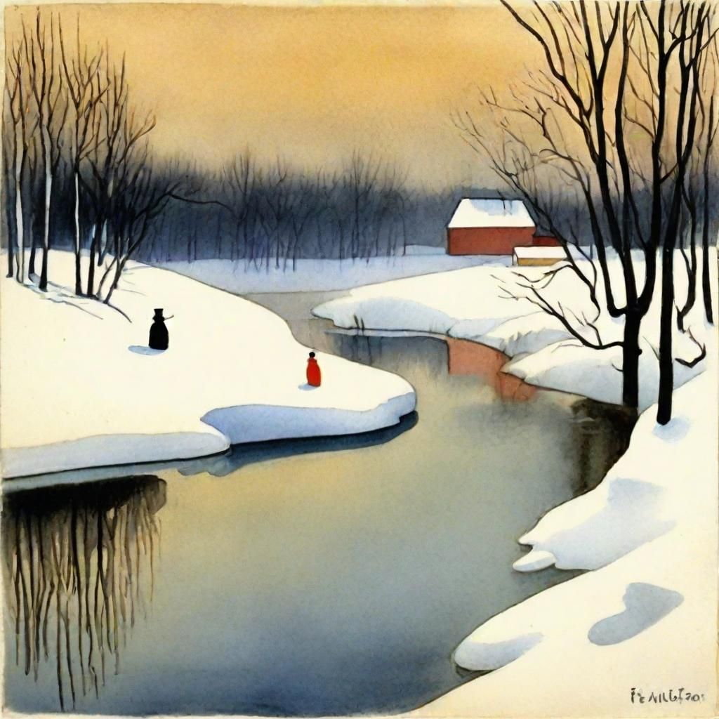 Serene Snowy Scene in Watercolour