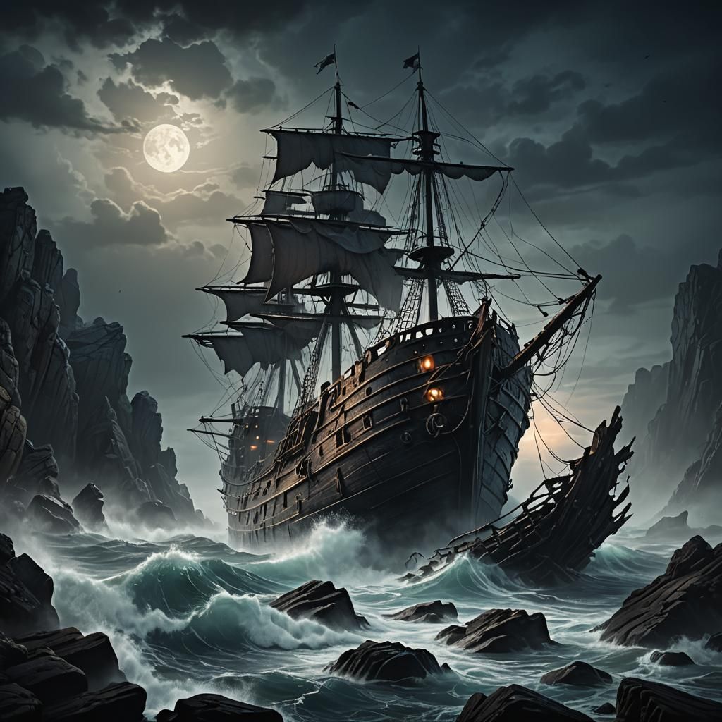 Ghost Ship Wrecked: Dark Fantasy Illustration
