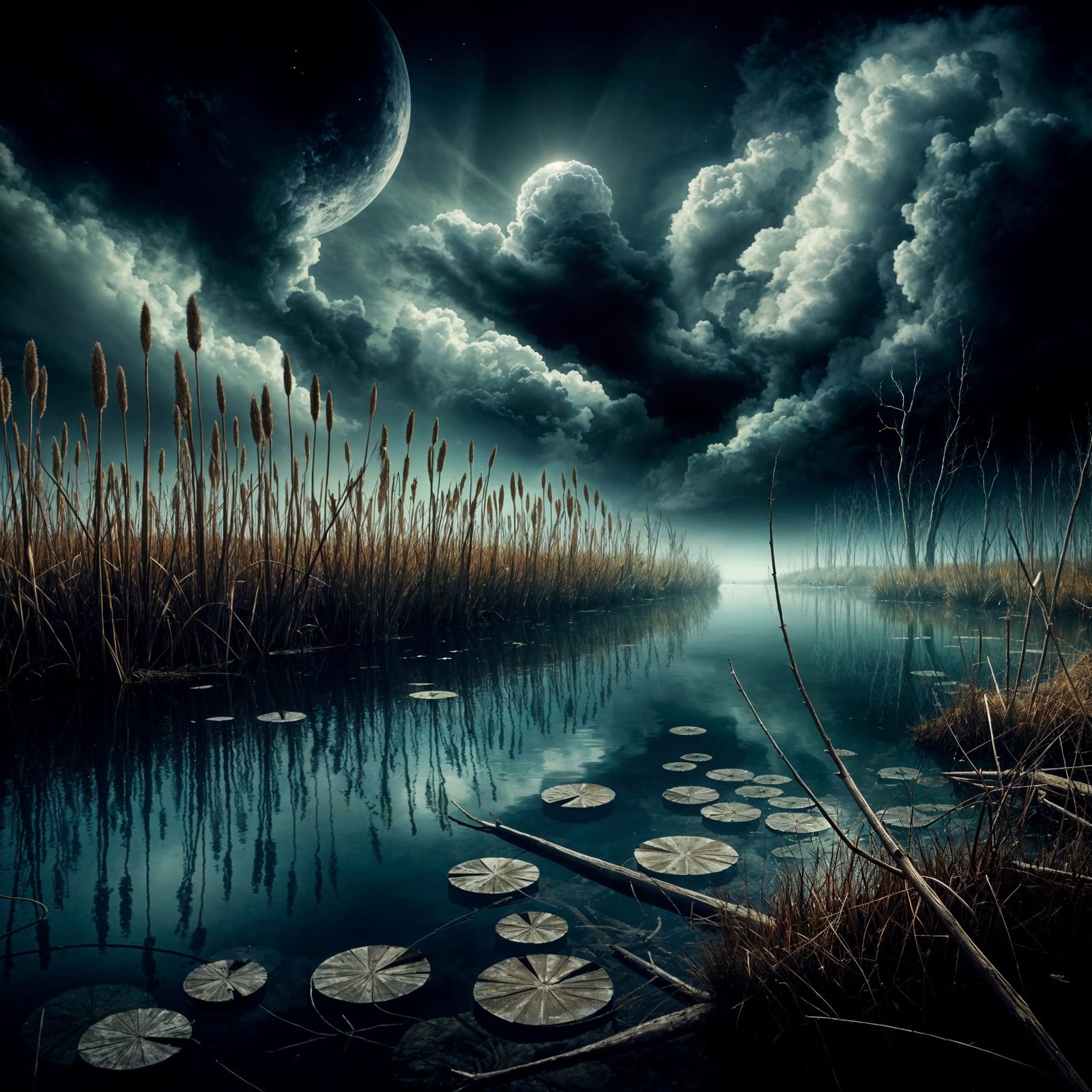 Moonlit Dark Lake in a Haunting Atmosphere
