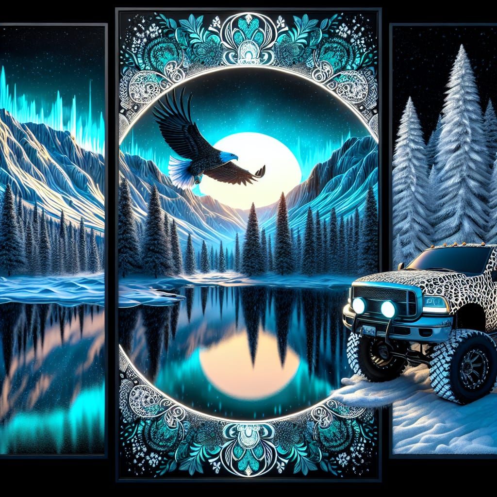 A serene 3d lake in Winter, a sublimation sunset of white, t...