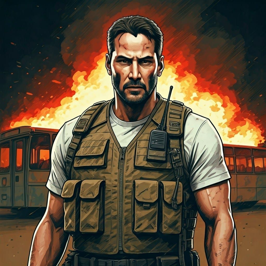 Cyberpunk Action Hero in Tactical Gear, with Burning Bus in ...