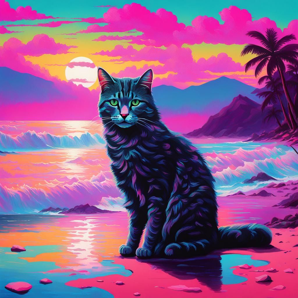 Vaporwave Beach Cat in Hudson River Style