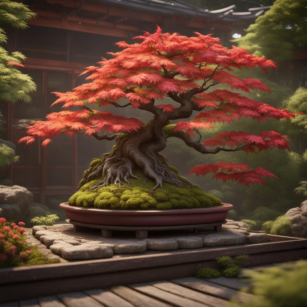 Lush Japanese Maple Garden in Detailed Matte Painting