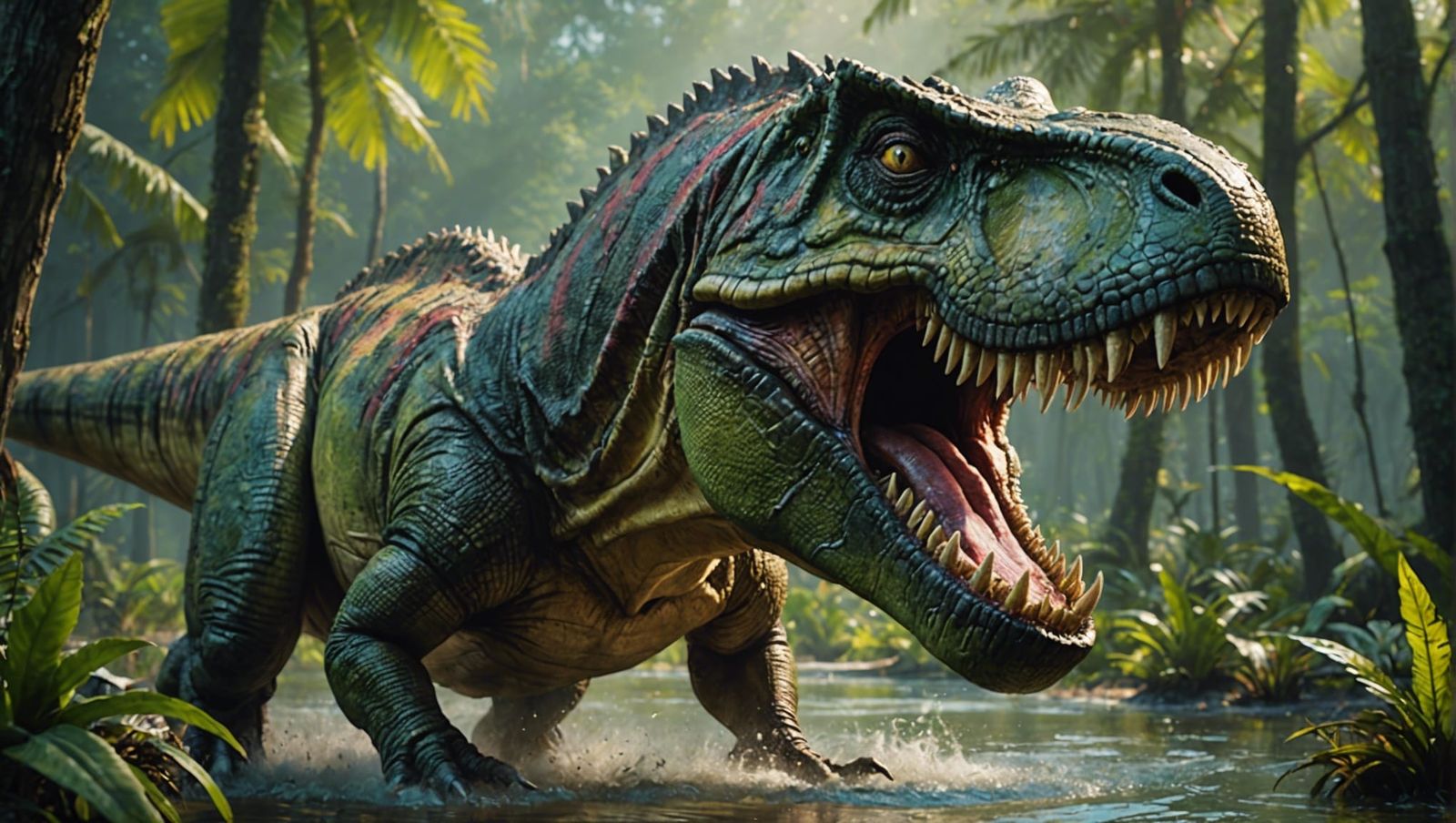 Menacing T-Rex Head in Swampy Backdrop