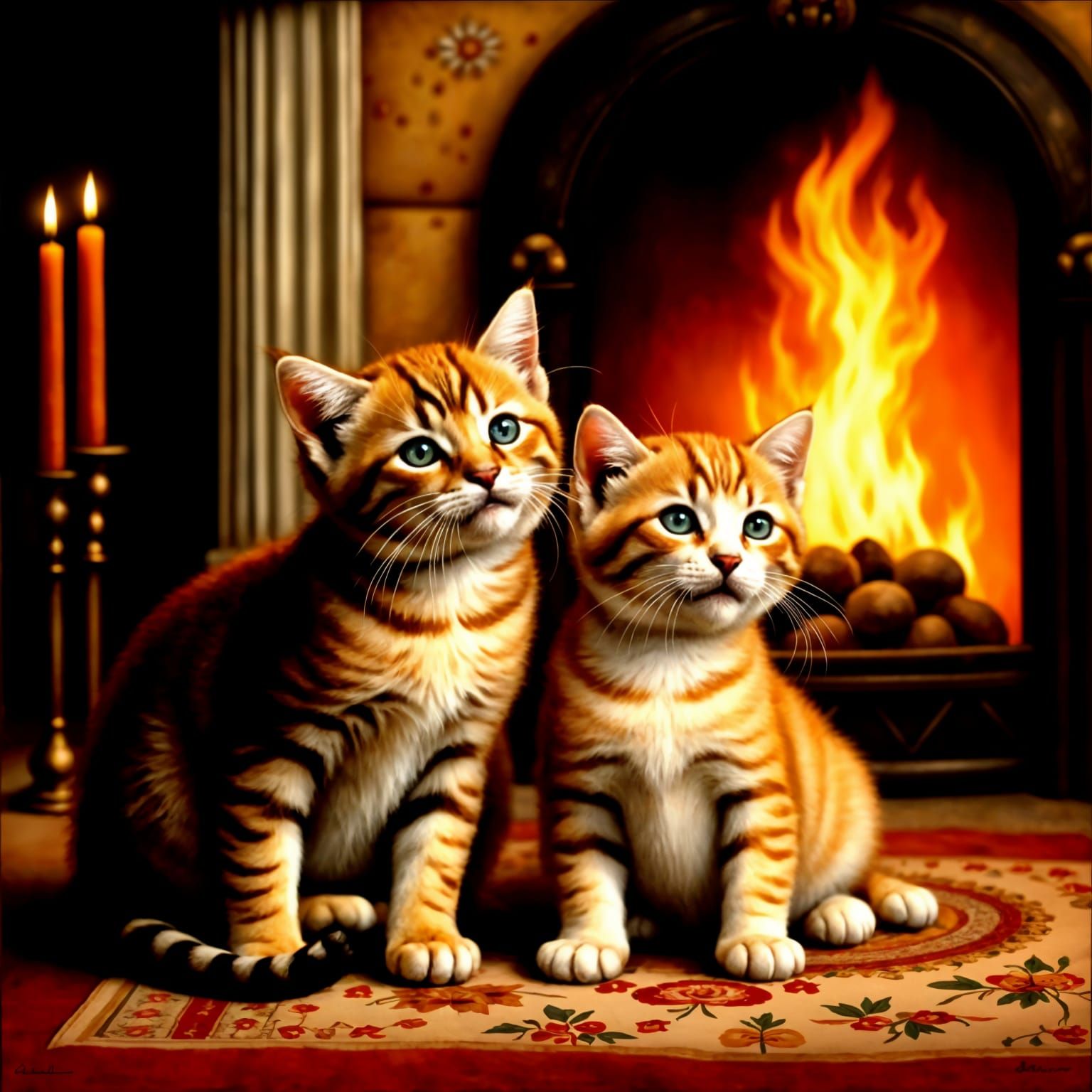 <lora:my cute world:1.0> playful kitten in a cozy room with a fireplace