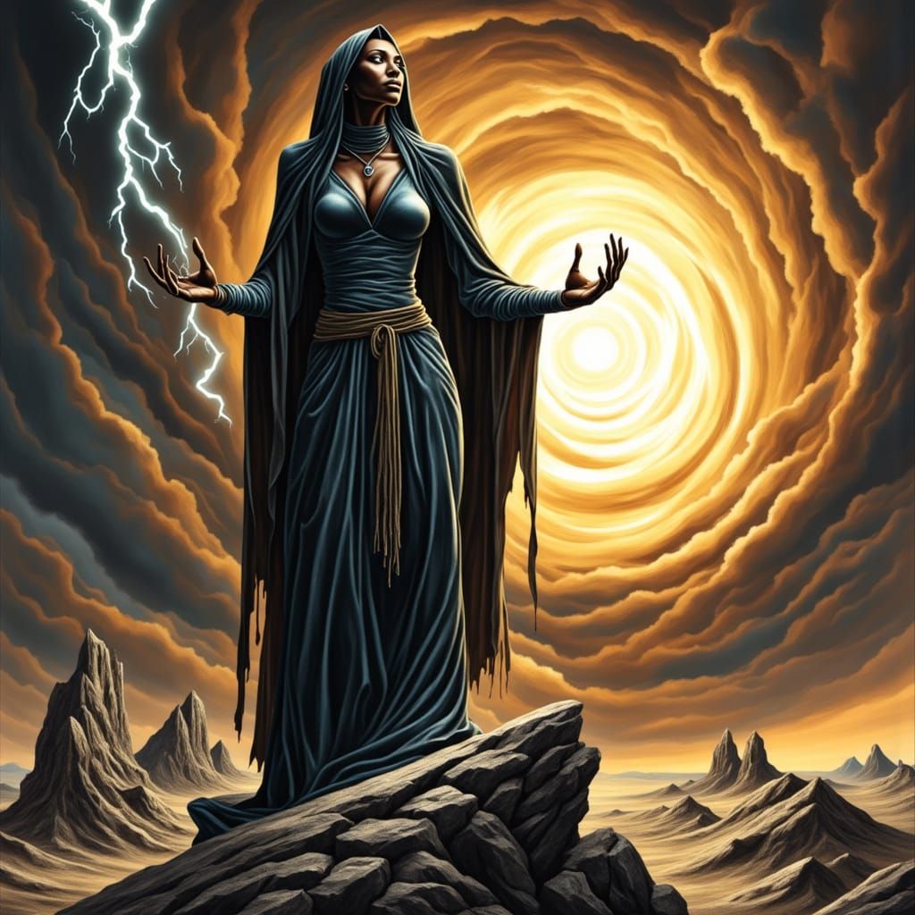 Sorceress Summons Vortex in Desolate Landscape