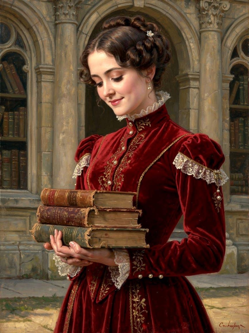 Victorian Woman in Red Velvet Dress Outside Library