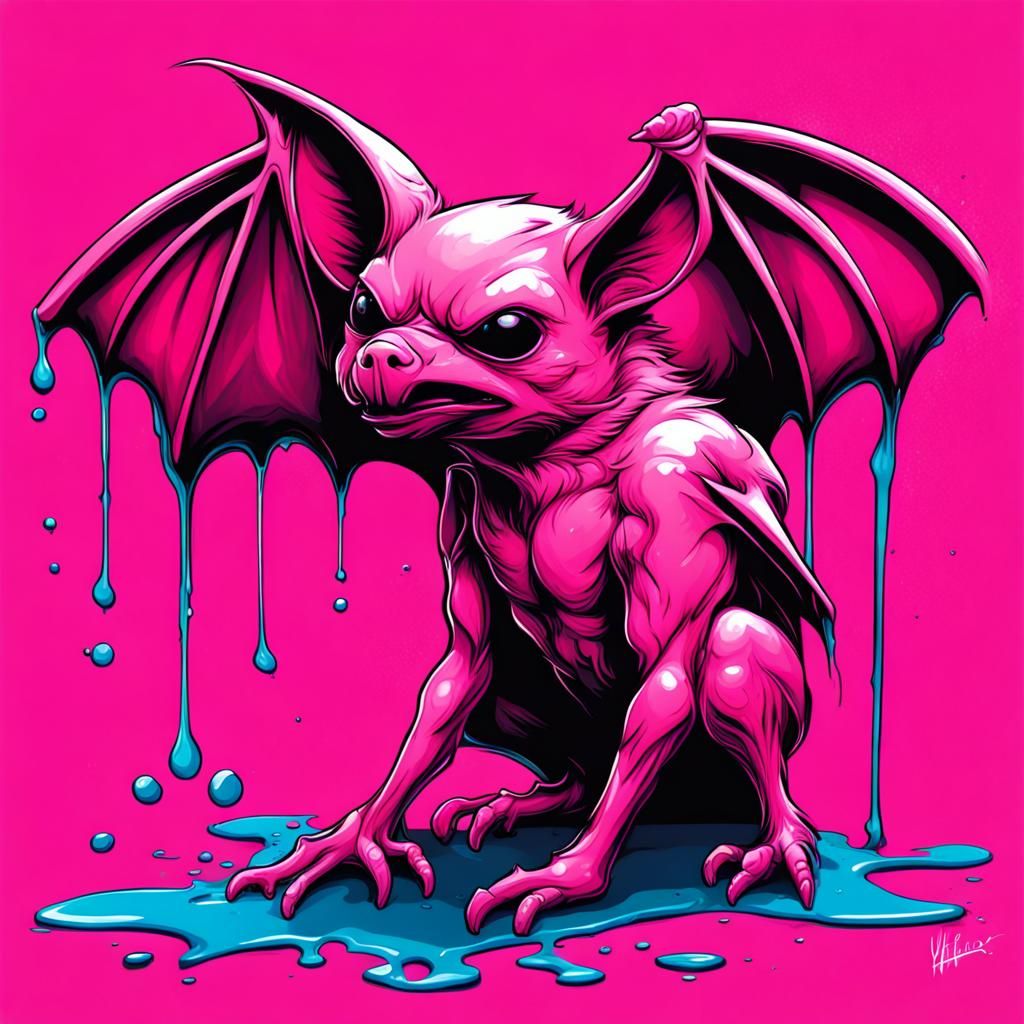 Pink Bat Line Art in Graffiti Style