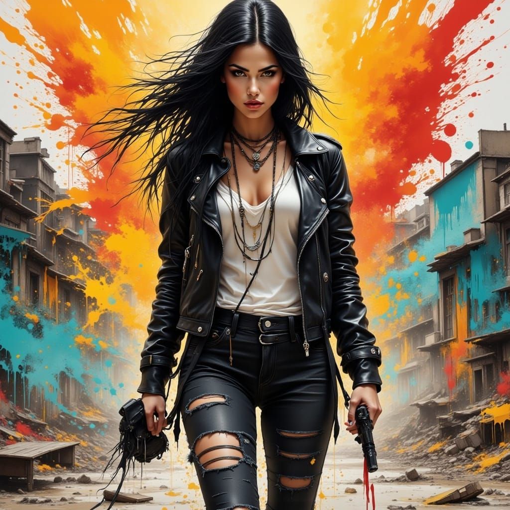 Fierce Woman in Post-Apocalyptic Urban Scene with Paint Spla...