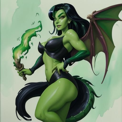 Shego as Dragon in Gouache Watercolor Style